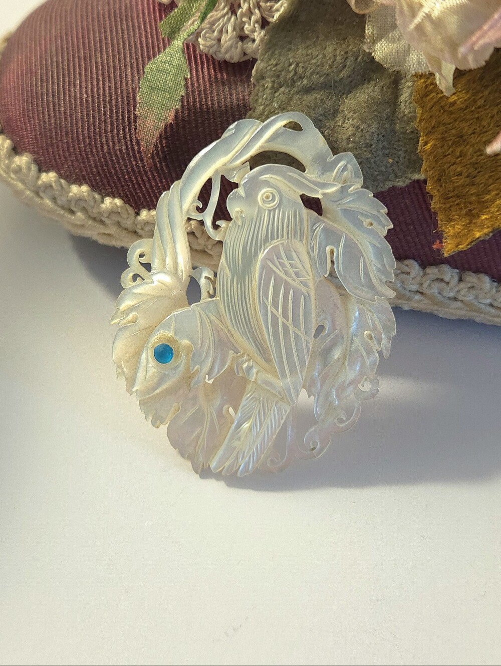 Vintage Bethlehem Mother Of Pearl Carved Bird Pendant or Charm Jewelry Making